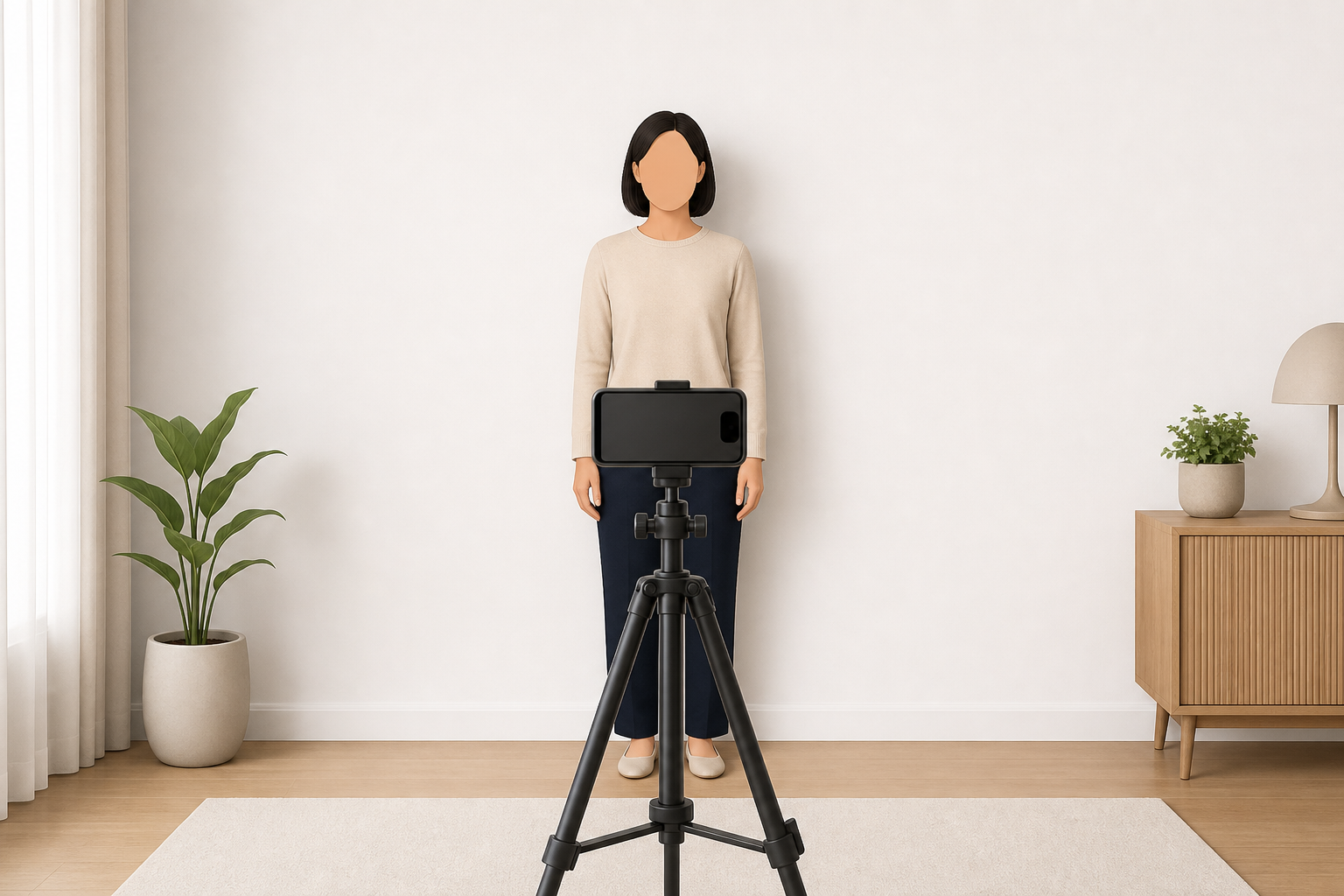 Neutral room setup diagram showing safer at-home capture for a U.S. passport photo with camera at face height, plain white or off-white background, soft front light, and a no-selfie reminder.
