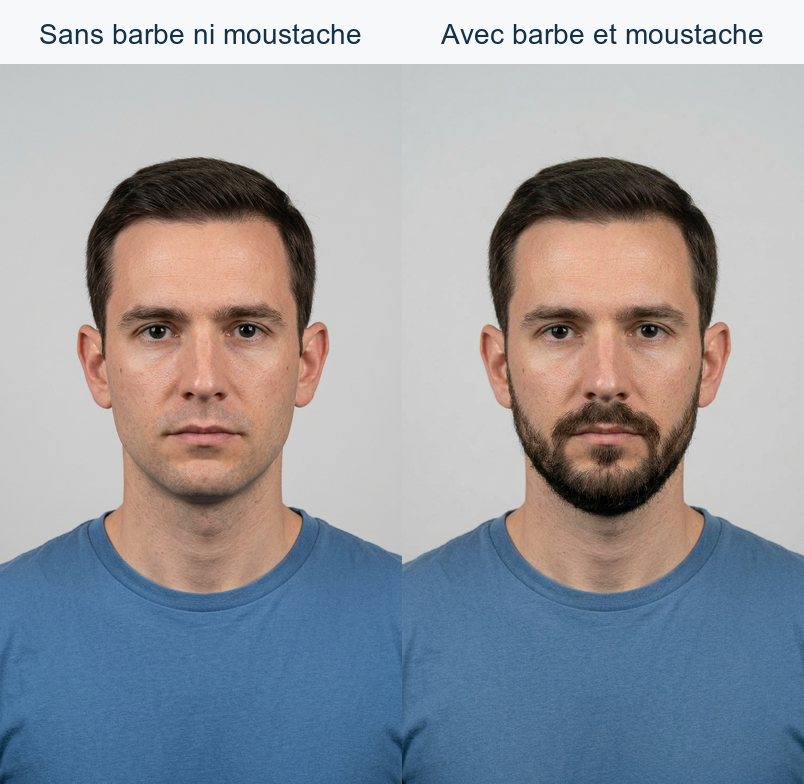 Panneau comparatif en deux colonnes montrant la même personne en portrait d'identité: à gauche sans barbe ni moustache, à droite avec barbe et moustache, avec le même cadrage, la même lumière et le même fond.