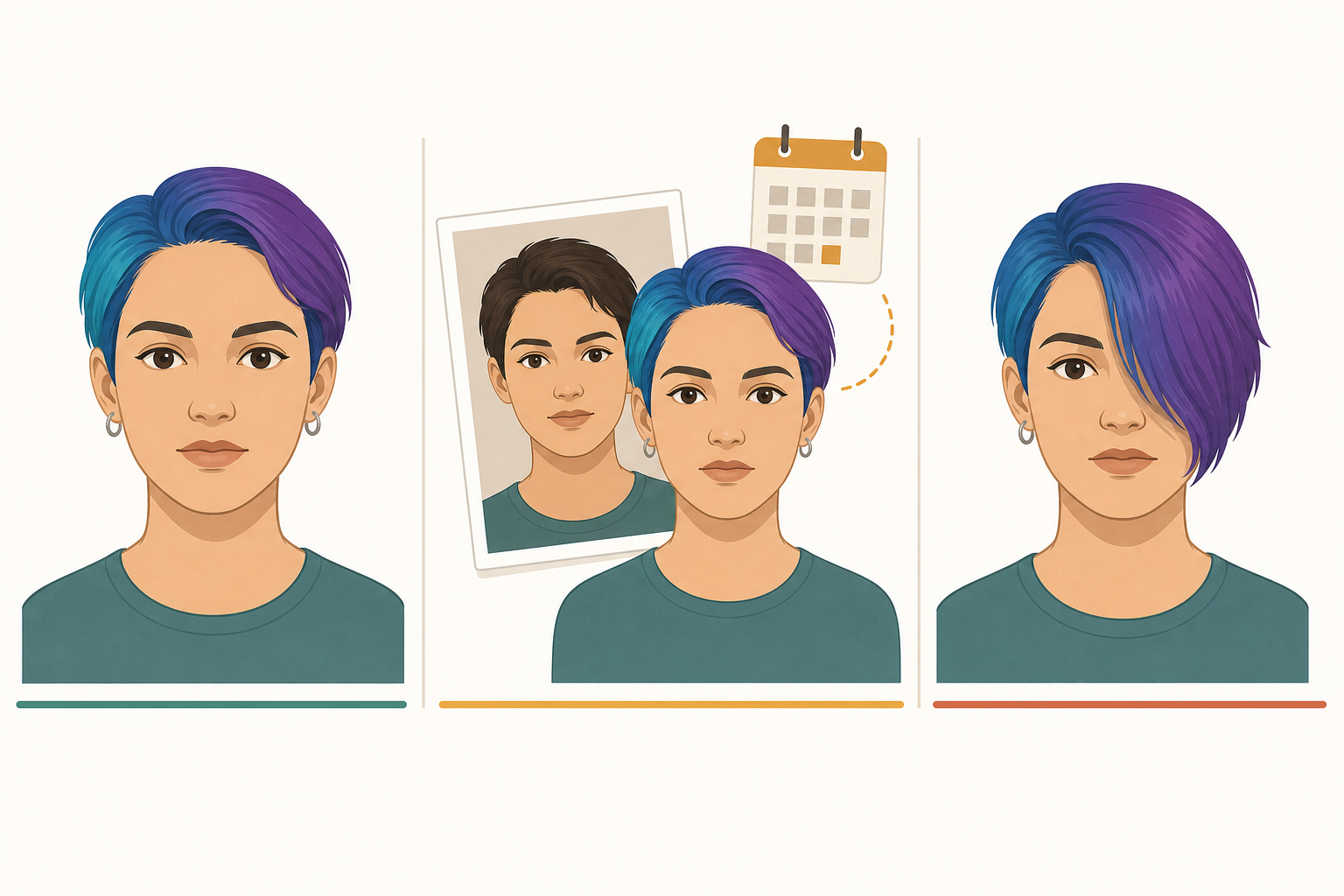 Trois portraits comparent cheveux colorés actuels, ancienne photo avant coloration et cheveux qui masquent le visage.