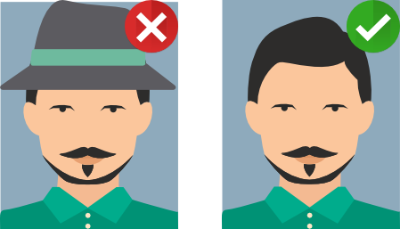 Panneau comparatif illustré montrant une personne avec chapeau barrée d'une croix rouge à gauche et la même personne tête nue validée par une coche verte à droite.