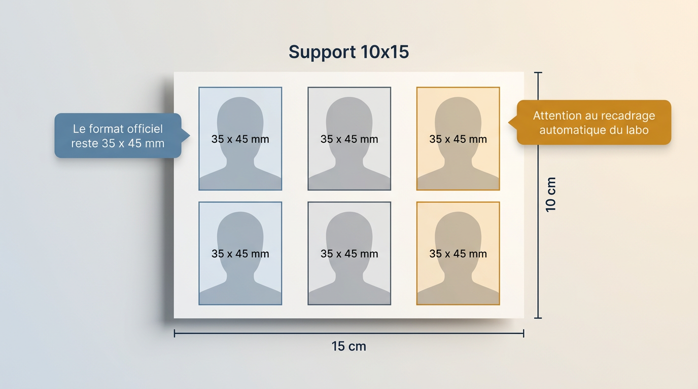 Infographie montrant une feuille photo 10x15 avec six emplacements de photo d'identite 35 x 45 mm, plus un rappel que le format officiel reste 35 x 45 mm et un avertissement sur le recadrage automatique du labo.