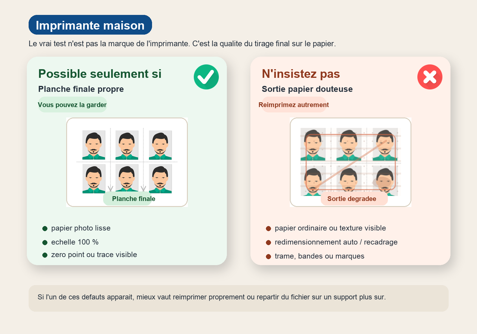 Panneau en deux colonnes montrant à gauche une planche photo d'identité propre signalée en vert avec les contrôles papier photo, échelle intacte et zéro défaut visible, et à droite une planche dégradée signalée en rouge avec trame visible, redimensionnement automatique et traces sur le papier.