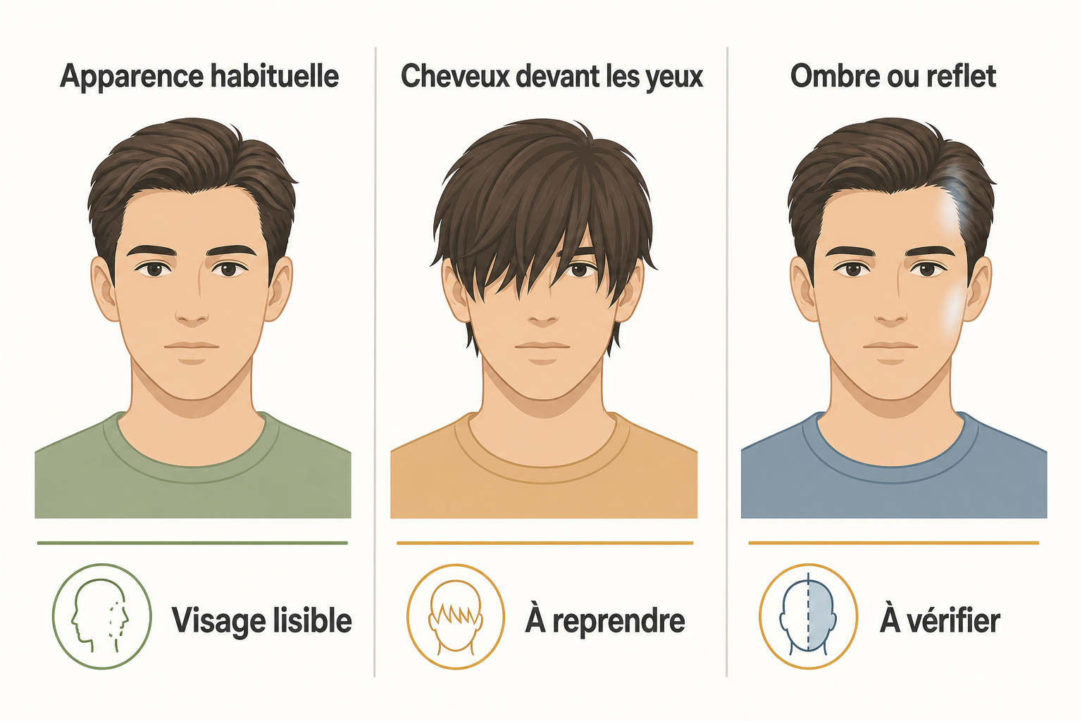 Trois cas pour une photo d'identité avec perruque ou toupet: visage lisible, cheveux devant les yeux, ombre ou reflet à vérifier.