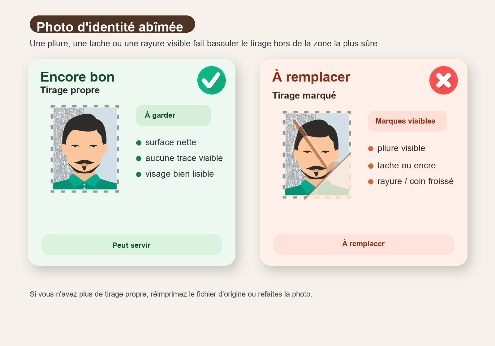Panneau comparatif montrant à gauche une photo d'identité papier propre validée par un pictogramme vert et à droite la même photo avec une pliure, une tache et une rayure, signalée par un pictogramme rouge.