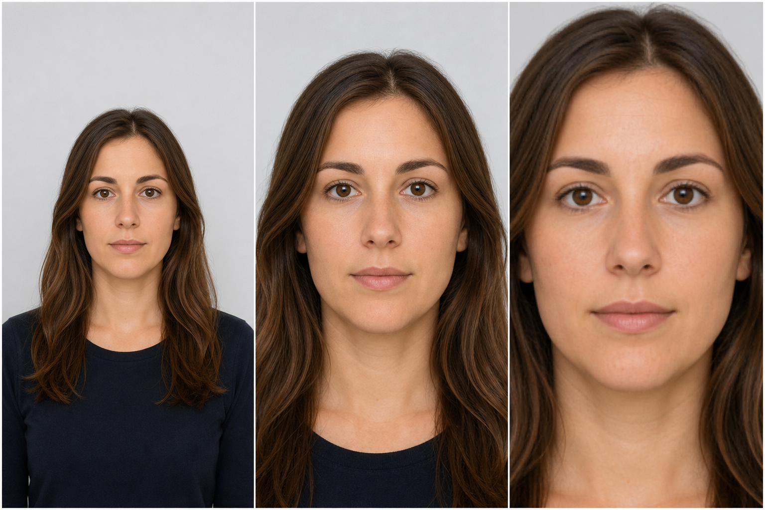 Trois portraits montrent une source avec assez de marge, un recadrage propre et un recadrage trop serré qui dégrade le visage.