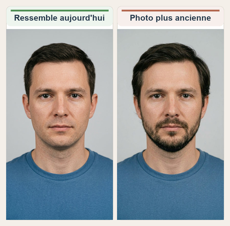 Panneau comparatif en deux colonnes montrant le même homme en portrait d'identité sur le même fond clair: à gauche sans barbe avec l'apparence actuelle, à droite avec une barbe et une coiffure légèrement différentes pour illustrer une photo plus ancienne et moins représentative aujourd'hui.