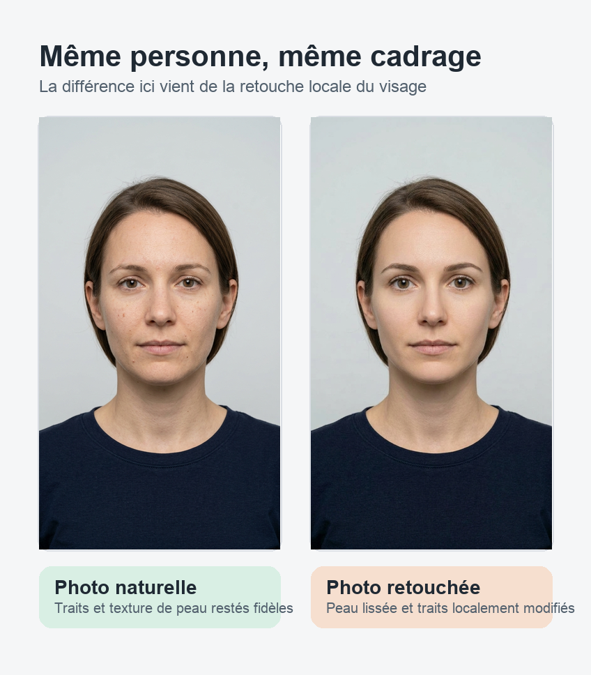 Panneau comparatif montrant la même femme en portrait d'identité sur fond gris clair: à gauche une version naturelle avec texture de peau réaliste, à droite une version retouchée avec peau lissée, yeux légèrement agrandis et visage affiné.