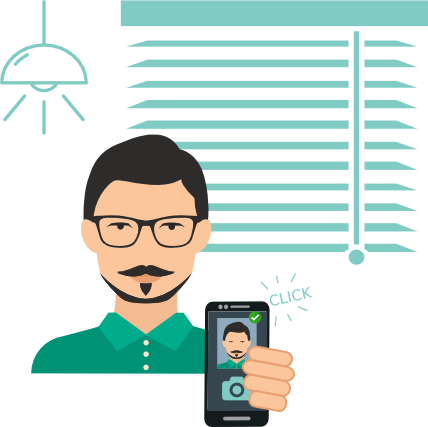 Illustration d'une personne photographiée au téléphone près d'une fenêtre, avec un éclairage doux et un cadrage de visage lisible.