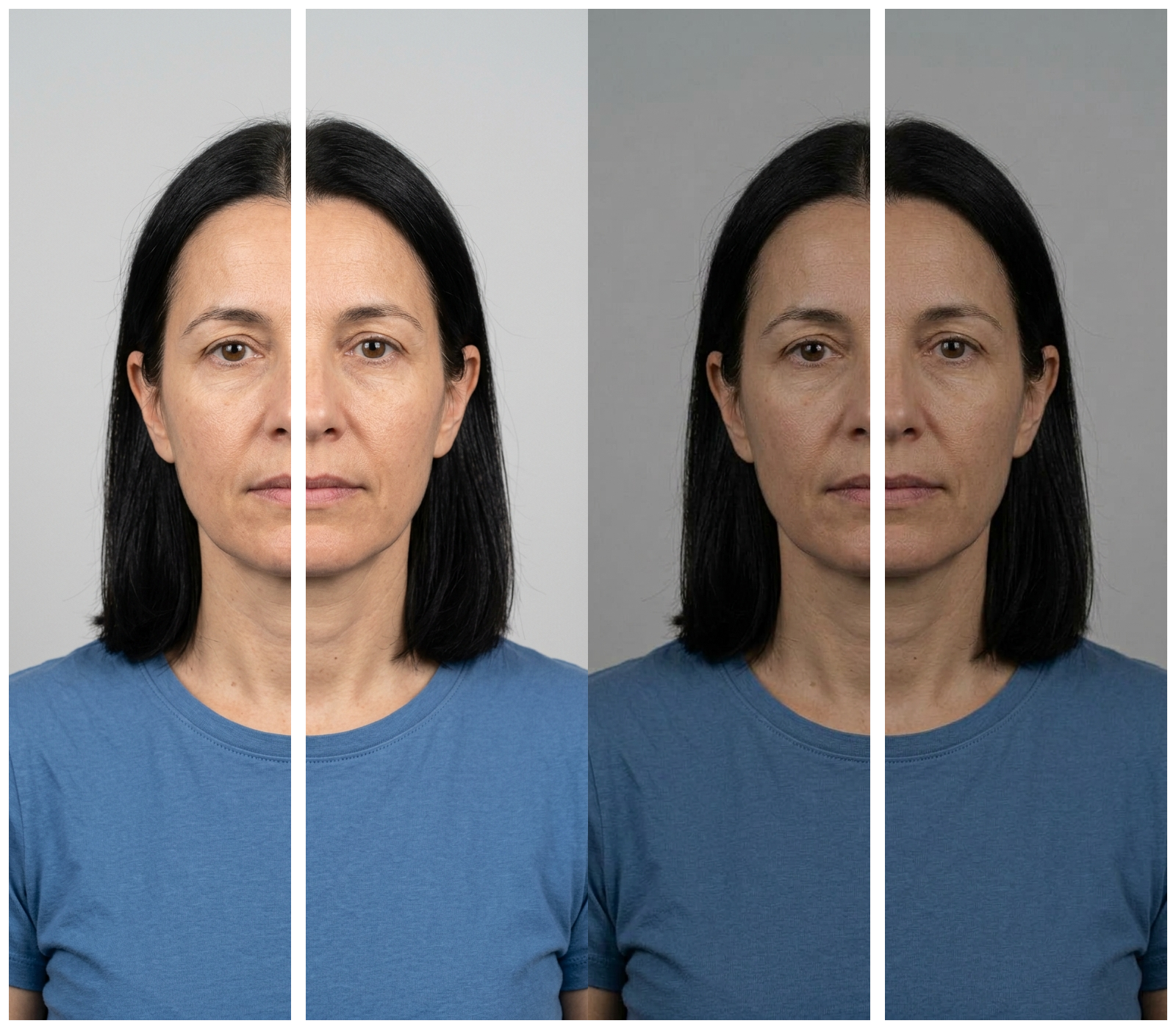 Panneau comparatif en deux colonnes montrant la même personne en portrait d'identité sur fond gris clair: à gauche avec une exposition correcte, à droite avec une sous-exposition globale qui assombrit tout le visage.