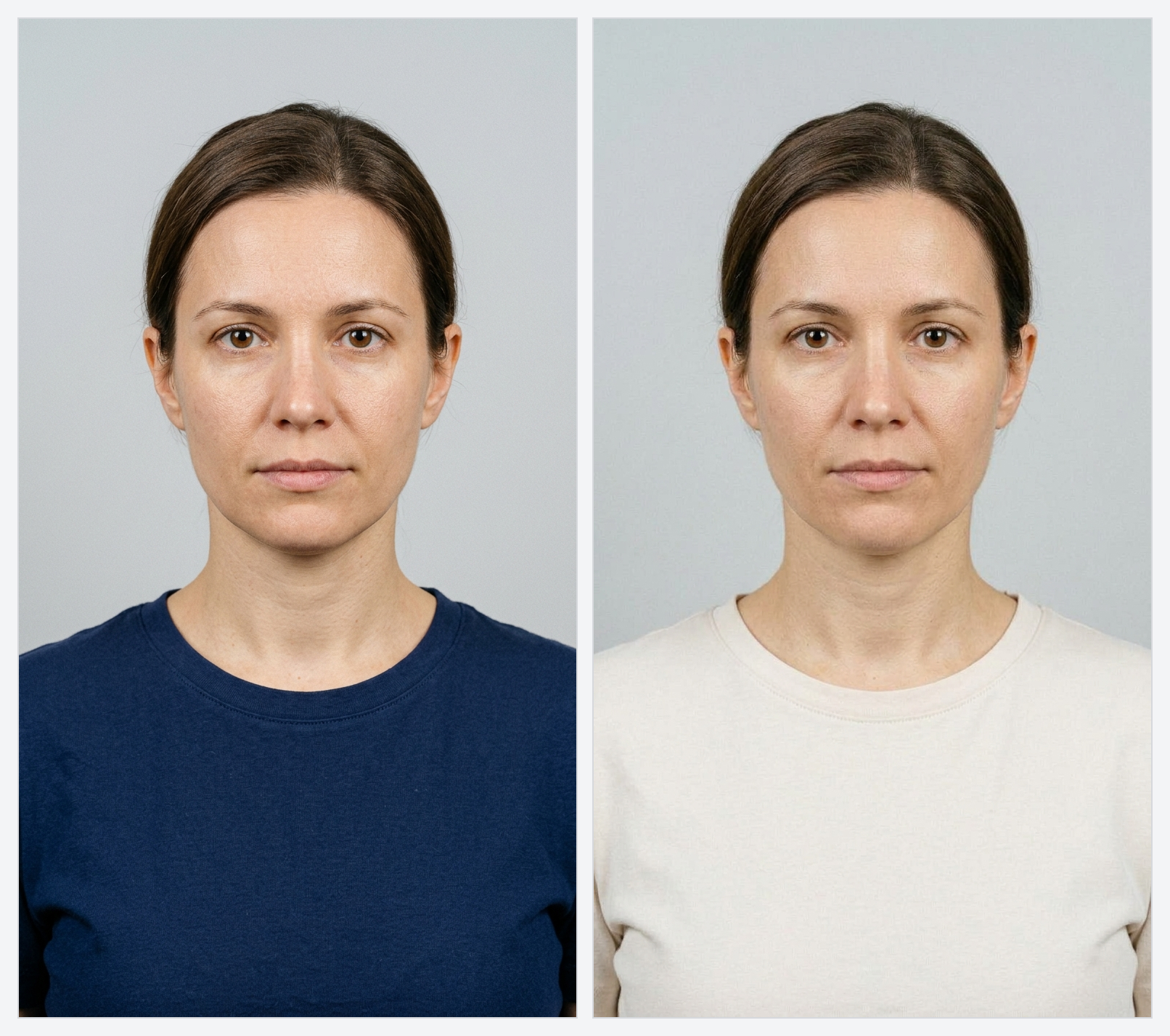 Panneau comparatif en deux colonnes montrant la même personne en portrait d'identité sur le même fond clair: à gauche avec un haut uni plus contrasté, à droite avec un haut très pâle proche de la couleur du fond.